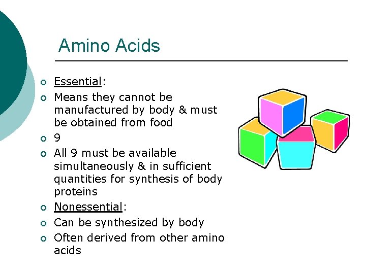 Amino Acids ¡ ¡ ¡ ¡ Essential: Means they cannot be manufactured by body