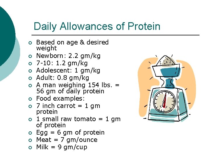 Daily Allowances of Protein ¡ ¡ ¡ Based on age & desired weight Newborn: