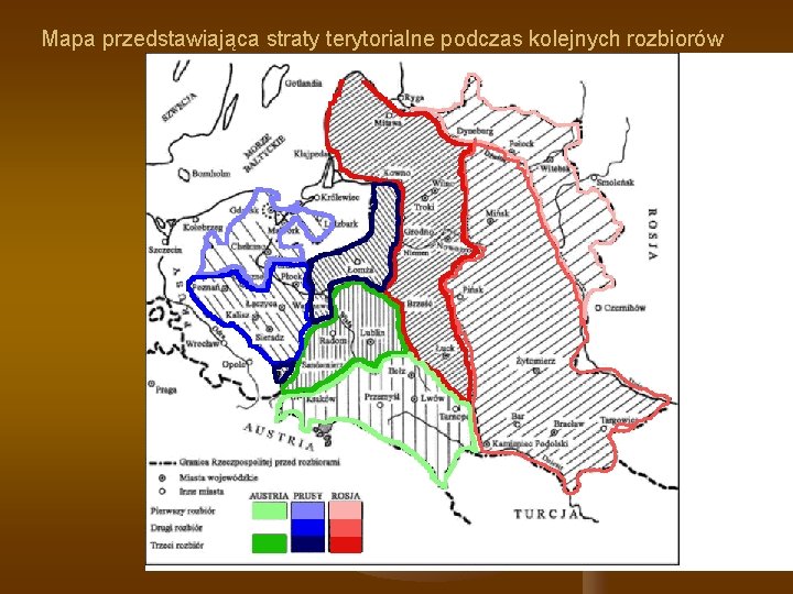 Mapa przedstawiająca straty terytorialne podczas kolejnych rozbiorów 