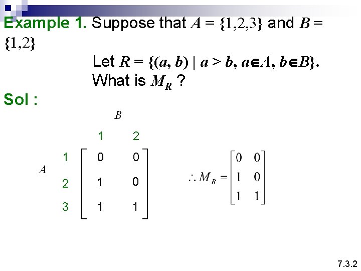Example 1. Suppose that A = {1, 2, 3} and B = {1, 2}
