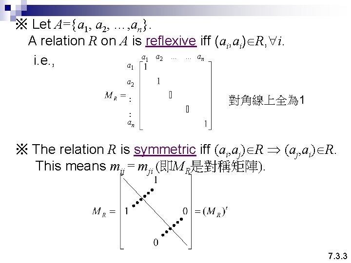 ※ Let A={a 1, a 2, …, an}. A relation R on A is