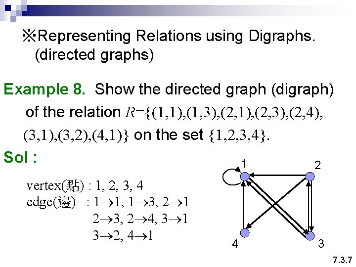 ※Representing Relations using Digraphs. (directed graphs) Example 8. Show the directed graph (digraph) of