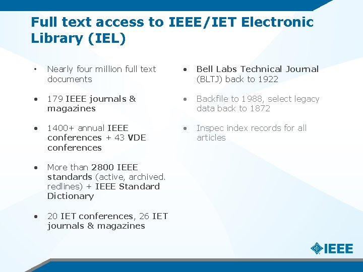 Full text access to IEEE/IET Electronic Library (IEL) • Nearly four million full text