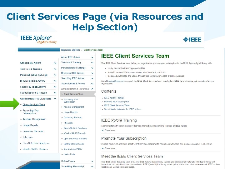 Client Services Page (via Resources and Help Section) 