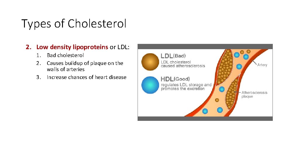 Types of Cholesterol 2. Low density lipoproteins or LDL: 1. Bad cholesterol 2. Causes