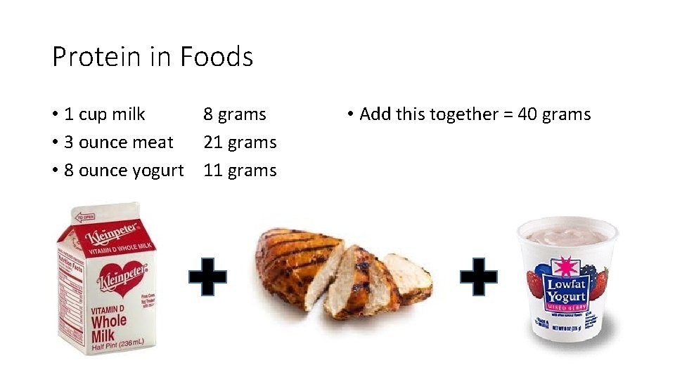Protein in Foods • 1 cup milk 8 grams • 3 ounce meat 21