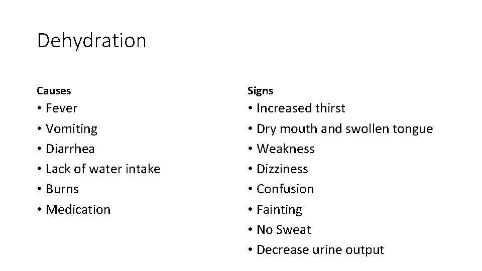 Dehydration Causes Signs • Fever • Vomiting • Diarrhea • Lack of water intake