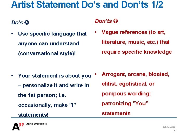 Artist Statement Do’s and Don’ts 1/2 Do’s Don’ts • Use specific language that •