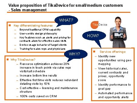 Value proposition of Tika. Device for small/medium customers - Sales management WHAT? n Key