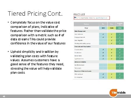 Tiered Pricing Cont. • Completely focus on the value cost comparison of plans, indicative