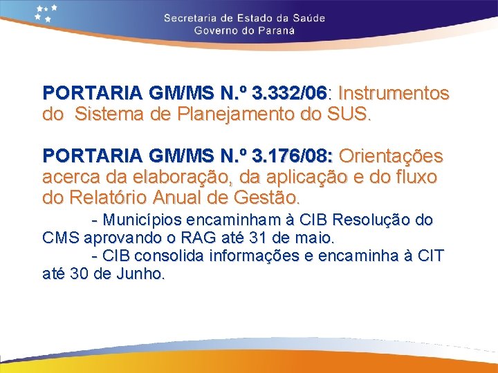 PORTARIA GM/MS N. º 3. 332/06: Instrumentos do Sistema de Planejamento do SUS. PORTARIA