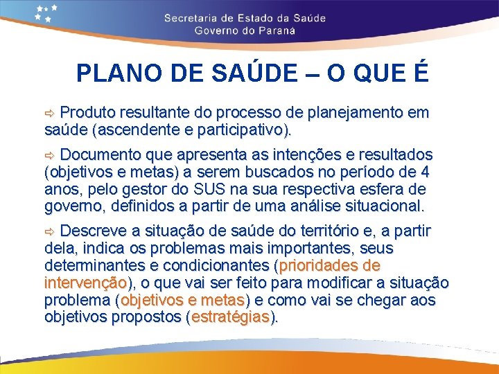 PLANO DE SAÚDE – O QUE É Produto resultante do processo de planejamento em