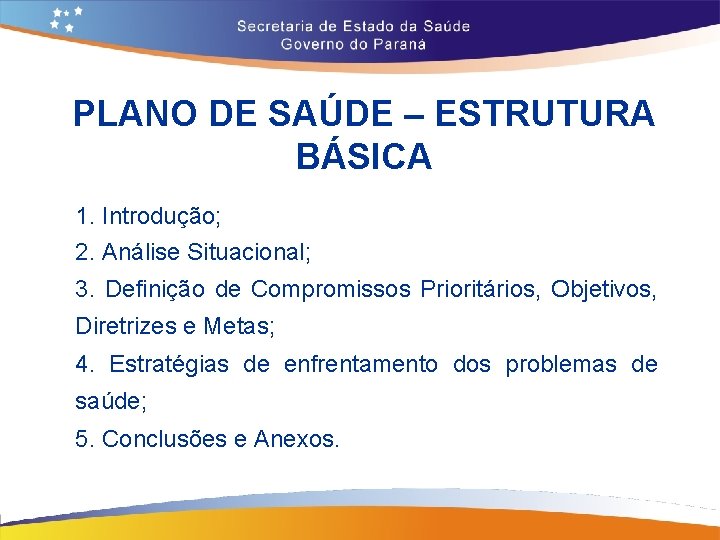 PLANO DE SAÚDE – ESTRUTURA BÁSICA 1. Introdução; 2. Análise Situacional; 3. Definição de