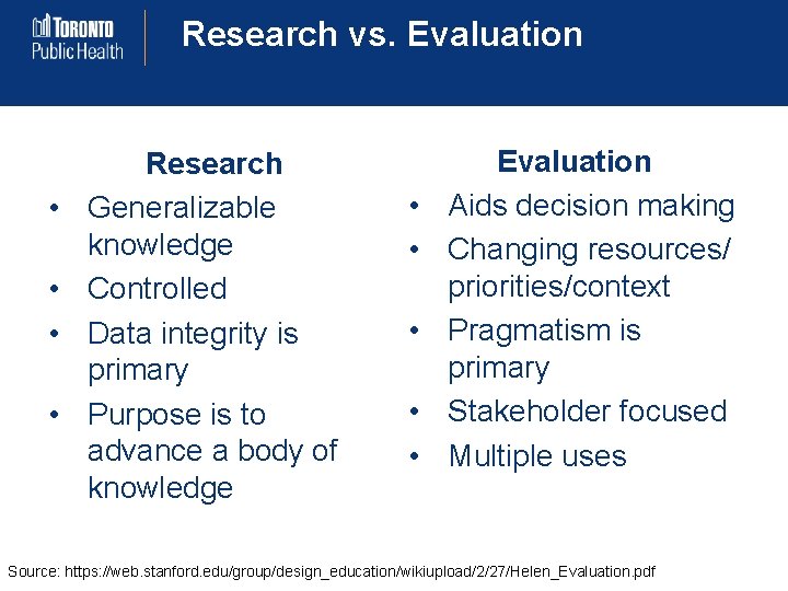 Research vs. Evaluation • • Research Generalizable knowledge Controlled Data integrity is primary Purpose