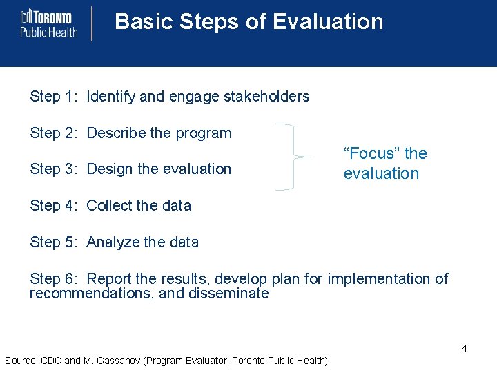 Basic Steps of Evaluation Step 1: Identify and engage stakeholders Step 2: Describe the