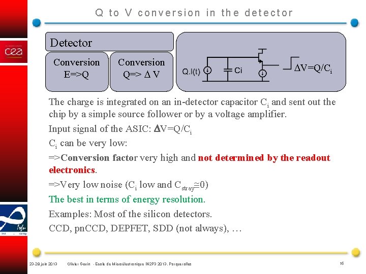 Q to V conversion in the detector Detector Conversion E=>Q Conversion Q=> V V=Q/Ci