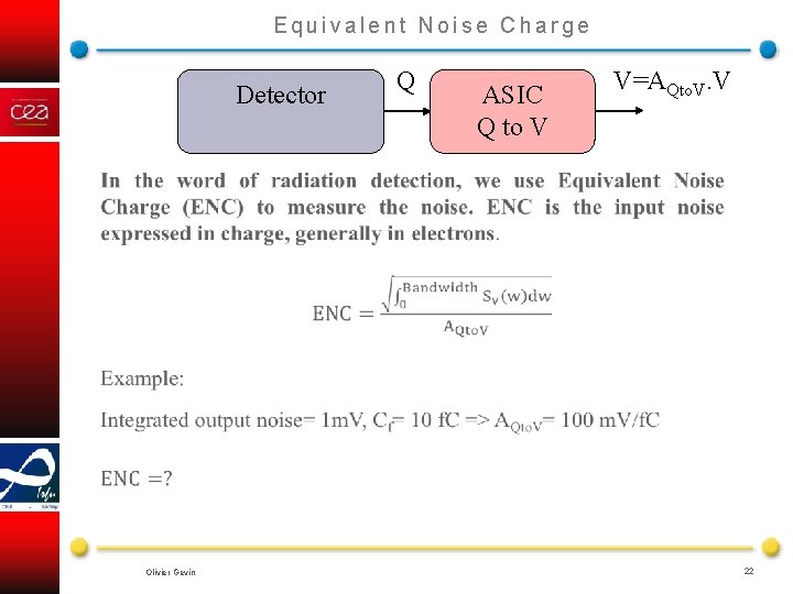 Equivalent Noise Charge Detector Olivier Gevin Q ASIC Q to V V=AQto. V. V
