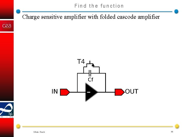 Find the function Charge sensitive amplifier with folded cascode amplifier Olivier Gevin 44 