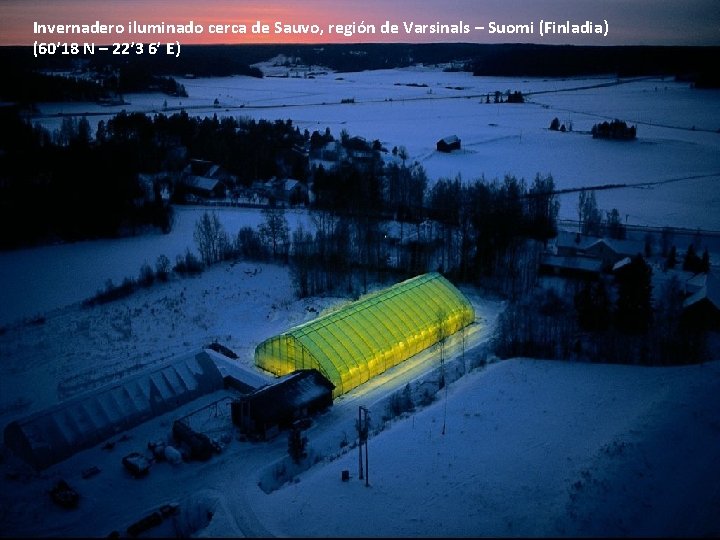 Invernadero iluminado cerca de Sauvo, región de Varsinals – Suomi (Finladia) (60’ 18 N