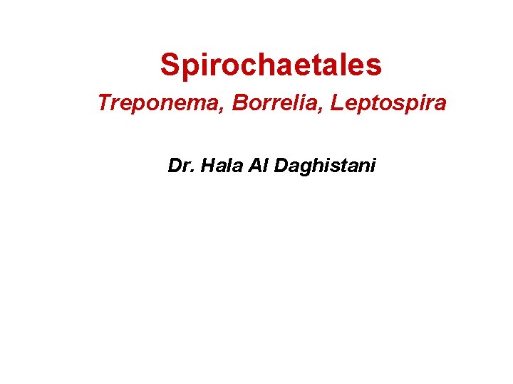 Spirochaetales Treponema, Borrelia, Leptospira Dr. Hala Al Daghistani 
