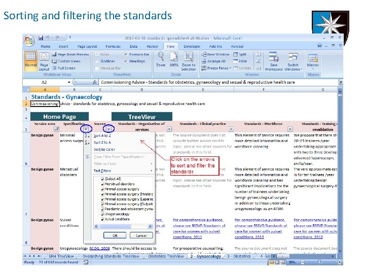 Sorting and filtering the standards 