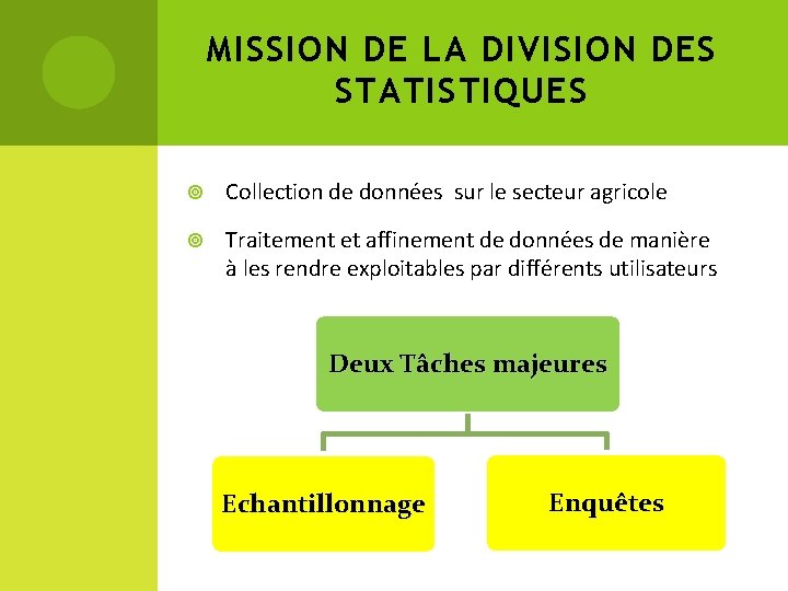 MISSION DE LA DIVISION DES STATISTIQUES Collection de données sur le secteur agricole Traitement