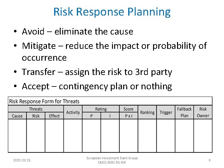 Risk Response Planning • Avoid – eliminate the cause • Mitigate – reduce the