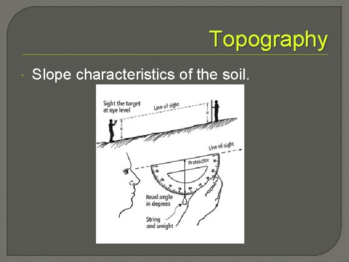 Topography Slope characteristics of the soil. 