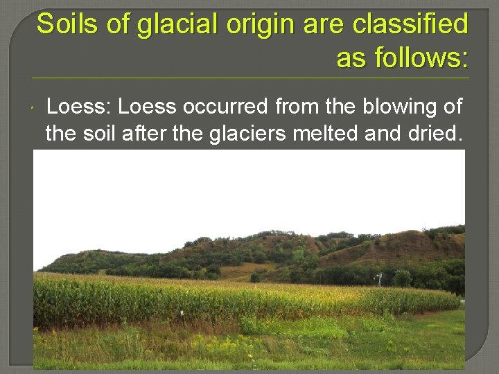 Soils of glacial origin are classified as follows: Loess occurred from the blowing of