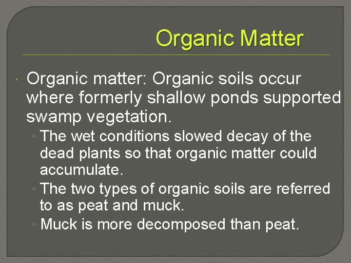 Organic Matter Organic matter: Organic soils occur where formerly shallow ponds supported swamp vegetation.
