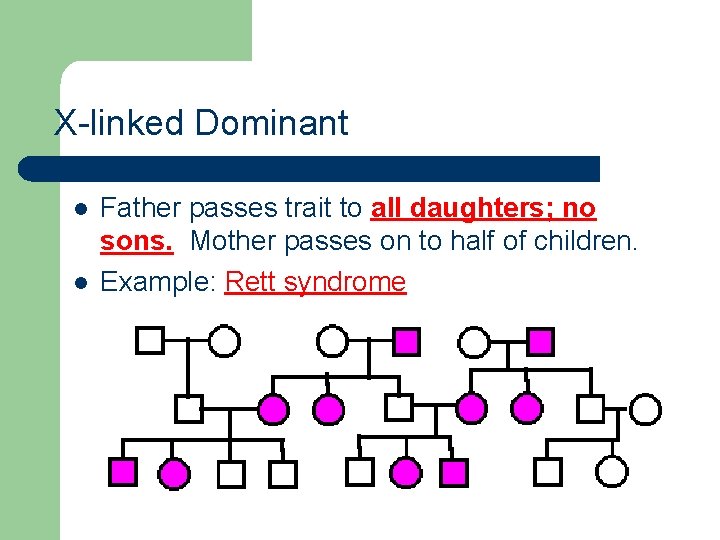 X-linked Dominant l l Father passes trait to all daughters; no sons. Mother passes