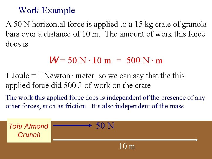 Work Example A 50 N horizontal force is applied to a 15 kg crate