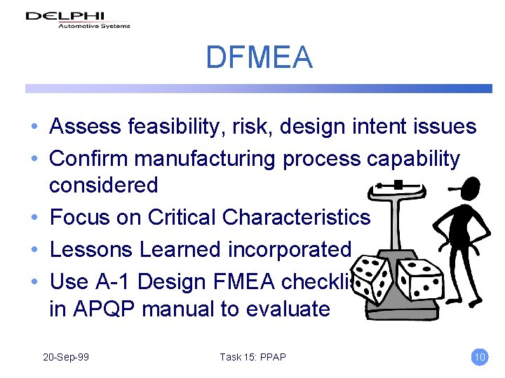 DFMEA • Assess feasibility, risk, design intent issues • Confirm manufacturing process capability considered