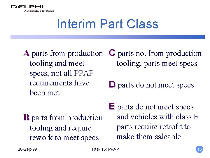 Interim Part Class A parts from production C parts not from production tooling and