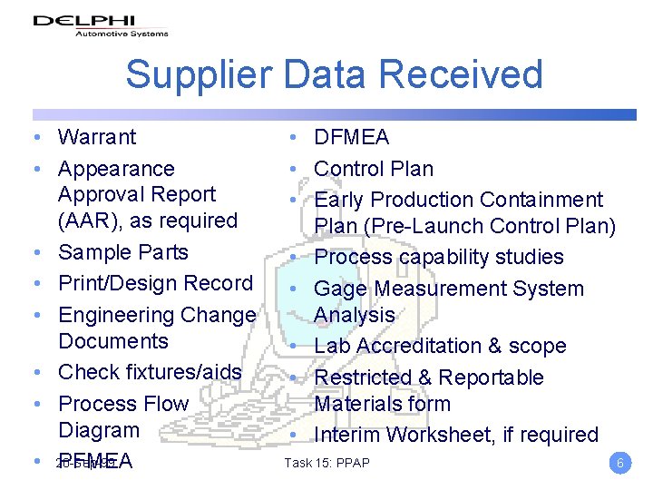 Supplier Data Received • Warrant • Appearance Approval Report (AAR), as required • Sample