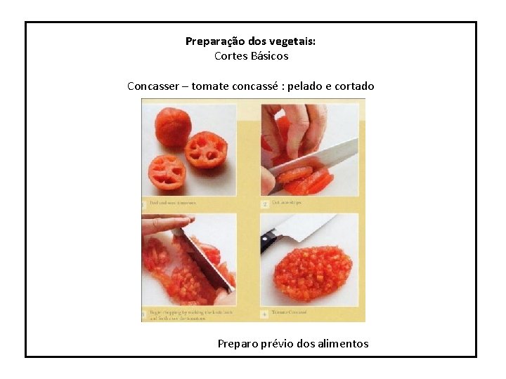 Preparação dos vegetais: Cortes Básicos Concasser – tomate concassé : pelado e cortado Preparo