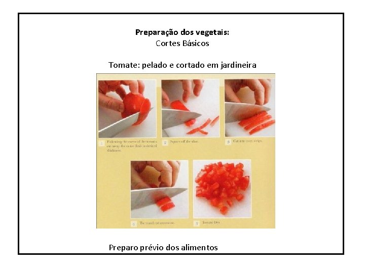 Preparação dos vegetais: Cortes Básicos Tomate: pelado e cortado em jardineira Preparo prévio dos