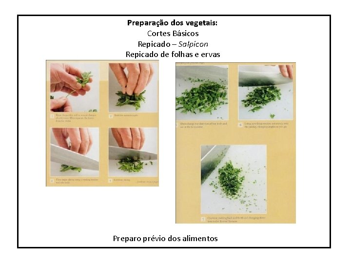 Preparação dos vegetais: Cortes Básicos Repicado – Salpicon Repicado de folhas e ervas s