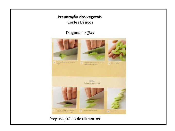 Preparação dos vegetais: Cortes Básicos Diagonal - sifflet Preparo prévio de alimentos 