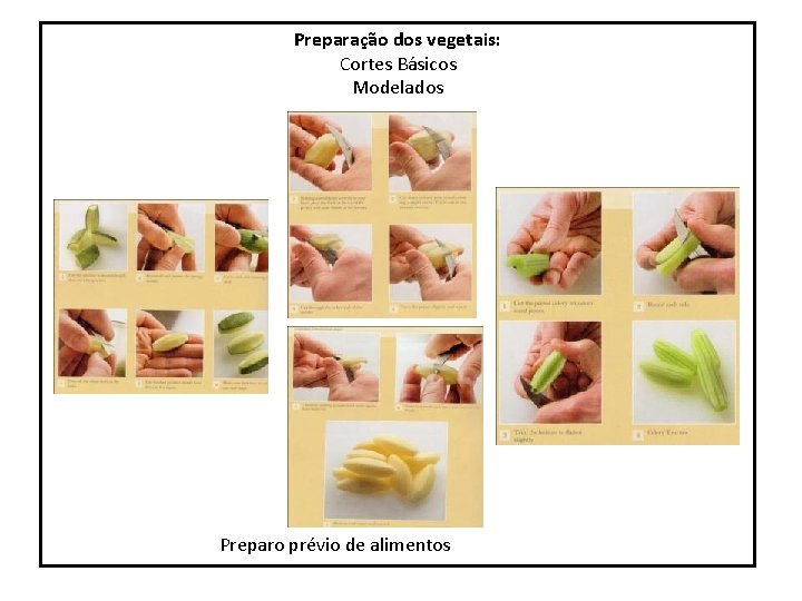 Preparação dos vegetais: Cortes Básicos Modelados Preparo prévio de alimentos 