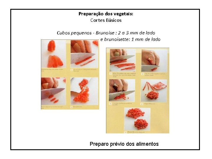 Preparação dos vegetais: Cortes Básicos Cubos pequenos - Brunoise : 2 a 3 mm