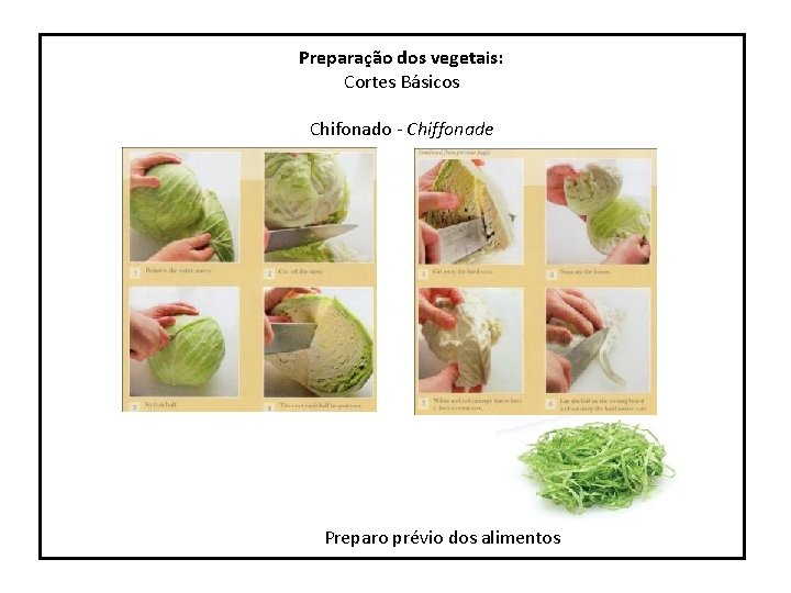 Preparação dos vegetais: Cortes Básicos Chifonado - Chiffonade Preparo prévio dos alimentos 