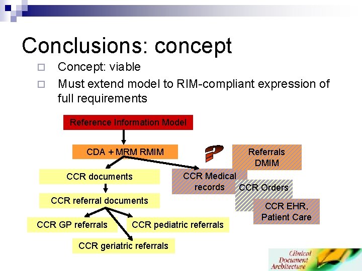 Conclusions: concept ¨ ¨ Concept: viable Must extend model to RIM-compliant expression of full Conclusions: concept ¨ ¨ Concept: viable Must extend model to RIM-compliant expression of full