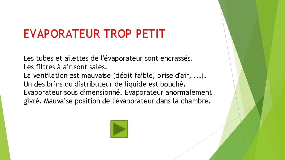 EVAPORATEUR TROP PETIT Les tubes et ailettes de l'évaporateur sont encrassés. Les filtres à