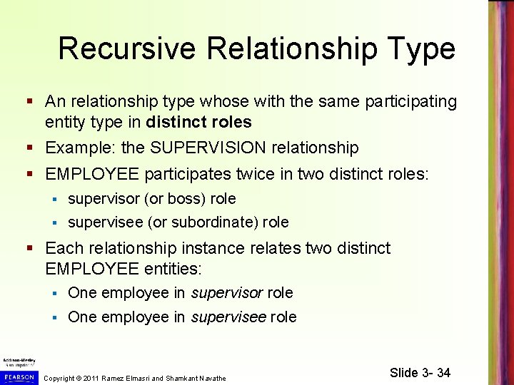 Recursive Relationship Type § An relationship type whose with the same participating entity type