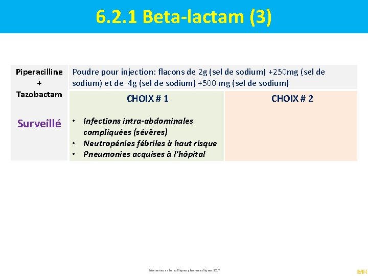 6. 2. 1 Beta-lactam (3) Piperacilline Poudre pour injection: flacons de 2 g (sel