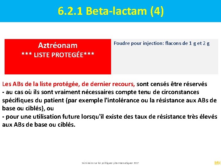 6. 2. 1 Beta-lactam (4) Aztréonam Poudre pour injection: flacons de 1 g et