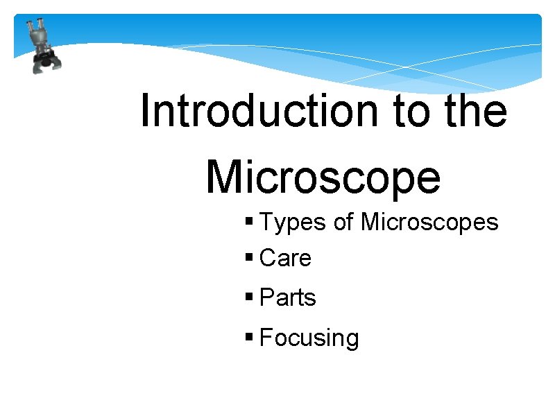 Introduction to the Microscope § Types of Microscopes § Care § Parts § Focusing