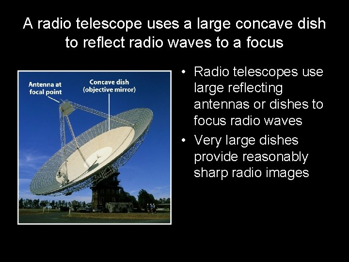 A radio telescope uses a large concave dish to reflect radio waves to a