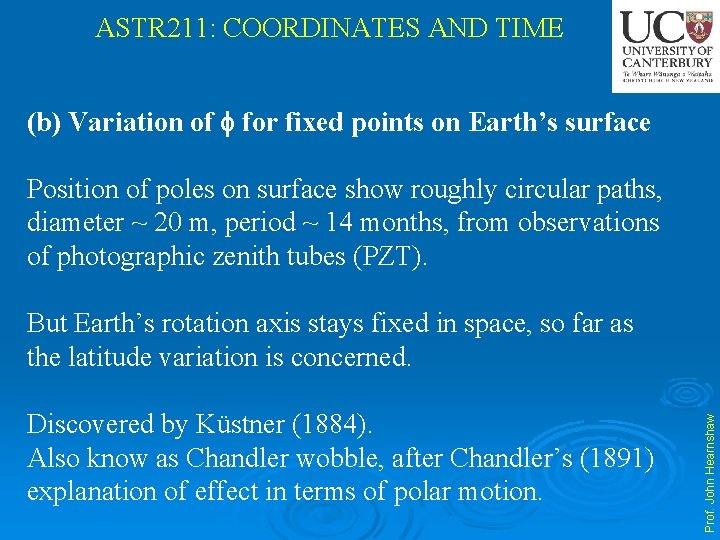 ASTR 211: COORDINATES AND TIME (b) Variation of for fixed points on Earth’s surface